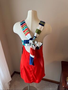 Lulus Red Sundress with Multicolor Striped Bow